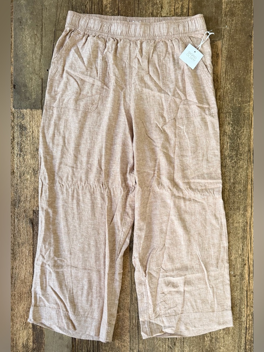 NWT Sigrid Olsen 100% Linen Crop Pants Large Tan Beige Coastal